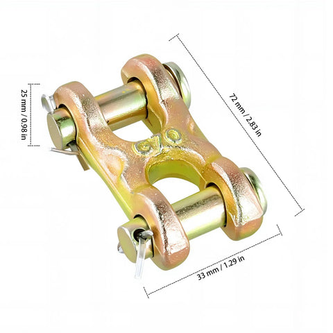 Eight Pack Three Eighths Inch Twin Clevis Links Zinc Plated G70 Forged Chain Repair Connectors For Truck And Trailer Safety Chains, 6600 Lb Working Load Limit, Beefy Heavy Duty Alloy Steel Construction, angled view with 25 mm x 33 mm x 72 mm dimensions