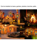 Solar Tiki Torch Lights For Outdoor Spaces With Realistic Flickering Flame providing ambiance in seasonal settings.