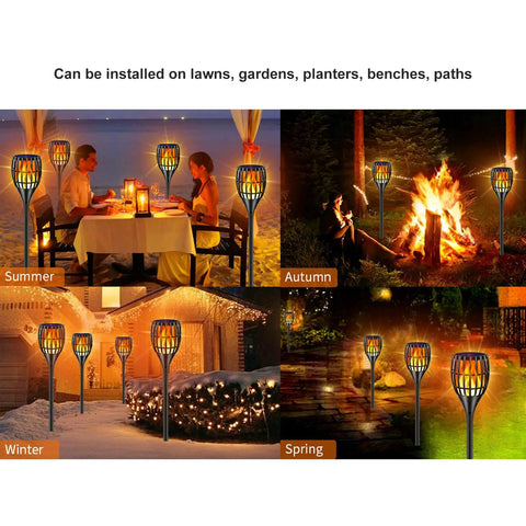 Solar Tiki Torch Lights For Outdoor Spaces With Realistic Flickering Flame providing ambiance in seasonal settings.