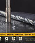 Close-up of All In One Helicoil Thread Repair Kit, Metric 131 Piece Set With HSS Drill Bits on metal surface for M5 M6 M8 M10 M12 repairs.