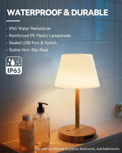 Outdoor Waterproof Shower Lamp Cordless 5200mAh Table Lamp With Touch Dimming IP65 Wireless LED Night Light on bathroom counter