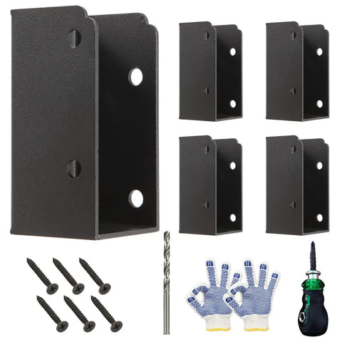 Complete 36 Piece Deck Railing Bracket Kit With U Shape Concealed Connectors For 2 X 4 Boards, includes brackets, screws, drill bit, gloves.