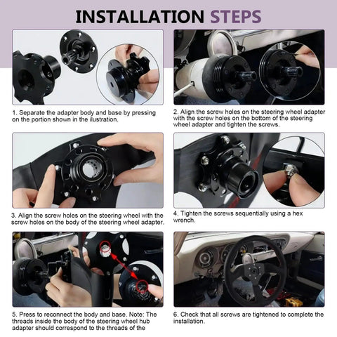 Installation steps for Pro Built 6 Hole Quick Release Steering Wheel Hub Adapter With Snap Off Boss Plate And Anti Theft Heightening Plate In Satin Black.