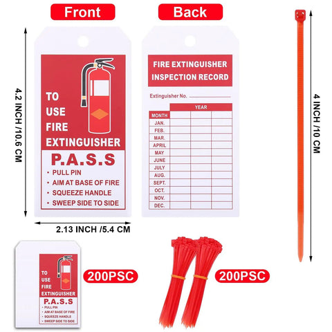 Bulk Fire Extinguisher Inspection Tags Kit With 200 Tags, 200 Adjustable Zip Ties, And 200 Monthly And Annual Safety Tags shown