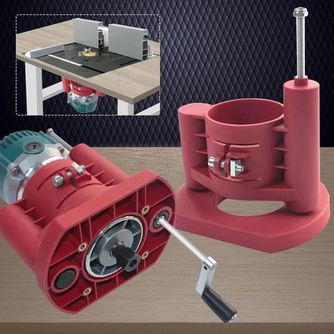 Heavy Duty Aluminum Alloy Router Table Insert Plate With Precision Lift Base And Hand Crank Dial for woodworking cuts and tools setup.