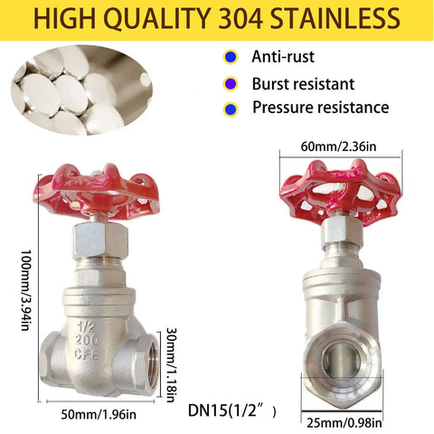 304 Stainless Steel Gate Valve Heavy Duty Half Inch NPT Female Thread with Measured Dimensions and Red Rotary Handle