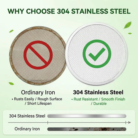 Comparison of 304 Stainless Steel Fine Mesh Strainer vs Ordinary Iron, highlighting durability and rust resistance.