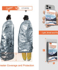 Six Pack Mylar Emergency Blankets 82 By 62 Inches For Cold Weather Survival showing comparison and compact packaging
