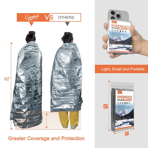 Six Pack Mylar Emergency Blankets 82 By 62 Inches For Cold Weather Survival showing comparison and compact packaging