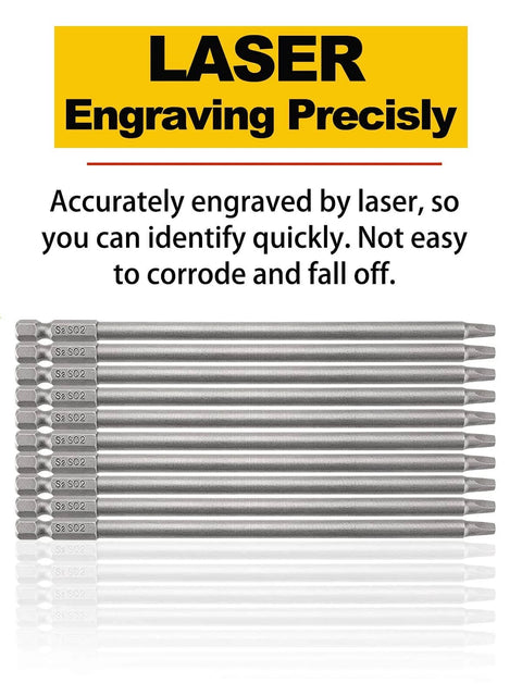 Long Magnetic Square Drive Screwdriver Bit Set, 1/4 Inch Hex Shank, 6 Inch Length, 10-Piece S2 Steel Bits displayed with laser engraving