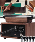Hot Leather Creasing Iron Tool with Walnut Handle And Removable Heads For Professional Edge Finishing At Home Or Studio With Temp Control on workspace.