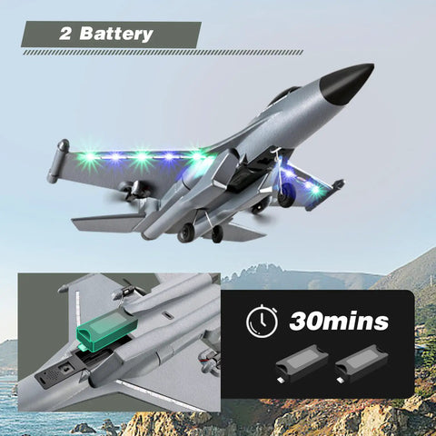 No Sweat Easy To Fly 2.4GHz RC Plane with lights, 4 channel control, 6 axis gyro, includes 2 batteries, jet fighter style
