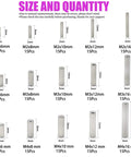 225-piece stainless steel dowel pins and shelf pegs set, M2–M4 sizes (6–16 mm), 15 pcs each.