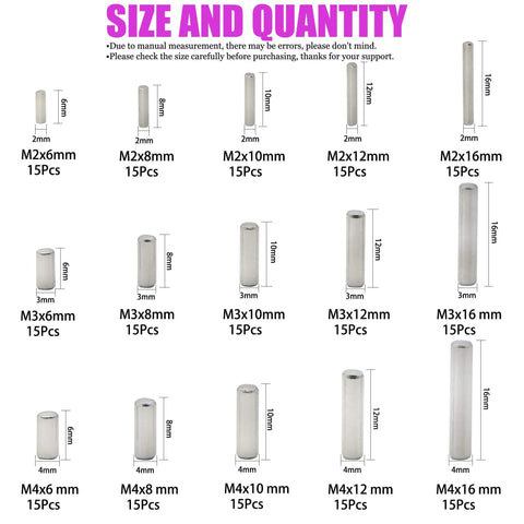 225-piece stainless steel dowel pins and shelf pegs set, M2–M4 sizes (6–16 mm), 15 pcs each.