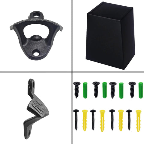 Heavy Duty Cast Iron Bottle Cap Opener Wall Mounted With Catcher Tray For Garage Bar Or Home Man Cave Built Tough As Nails And Crafted For Easy Weekend Party Hosting showing mounting hardware and catch tray.