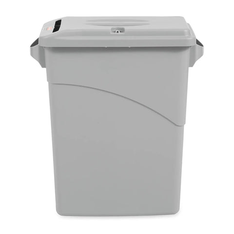 Front view of Slim Jim Confidential Doc Trash Can With Locking Lid, 16 Gallon, Gray, Tamper Resistant, Paper Slot for office use.
