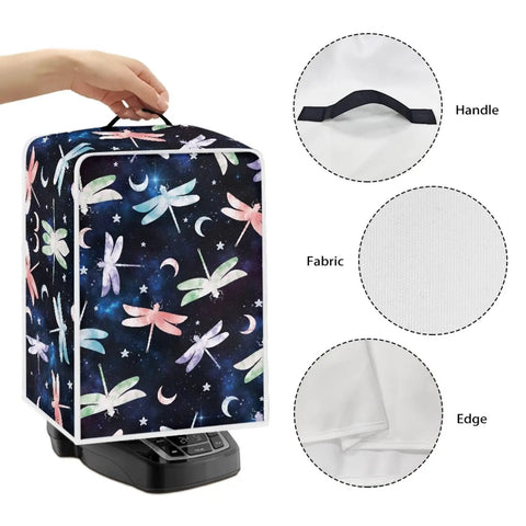 Straight Up Dragonfly Print Coffee Maker Cover Washable Heavy Duty Shield For Kitchen Small Appliances Foldable Waterproof Polyester Slipcover With Sturdy Grip Handle showing handle and fabric detail.