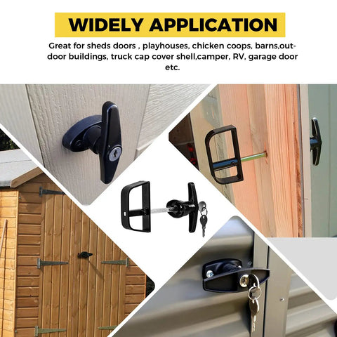 Super Tough Outdoor T Handle Lock Kit For Shed Doors Including Five Keys And Full Mounting Hardware Perfect For Playhouses Chicken Coops Rv Campers Or Garages To Lockdown Everything Secure In Matte Black on various door types.