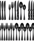Black Flatware Set For 4 With Steak Knives 24 Piece Stainless Steel Cutlery Food Grade Mirror Finish Round Edge Utensils shown