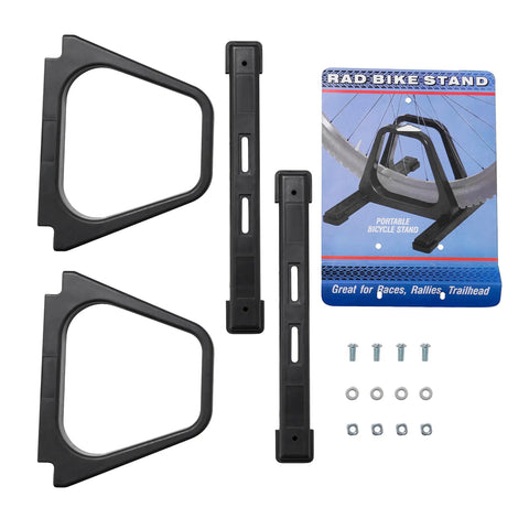 Portable Bike Stand Floor Rack For Garage Fits BMX And Trick Bikes With 20 Inch Tires For Rallies And Races Or Trailheads Indoor Outdoor Use Lightweight Easy To Move Weighs Only 2 Lbs parts and packaging.