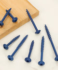 100-Piece Exterior Pocket Hole Screws Set, Size 8 X 2 Inch, Blue Anti Rust Coating, scattered on wooden surface for DIY projects.