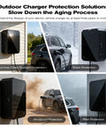 Heavy Duty Ev Charger Lock Box And Outdoor Wall Enclosure With Ip65 All Season Weatherproof Steel Case, Clear Acrylic Door View, Bulletproof Combo Lock, No Hassle Cable Manager, Garage Ready Setup For Level Two Plugs in summer sunlight, snow, wind, and rain.