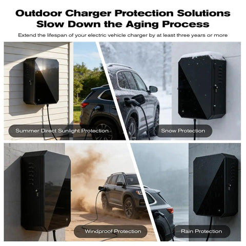 Heavy Duty Ev Charger Lock Box And Outdoor Wall Enclosure With Ip65 All Season Weatherproof Steel Case, Clear Acrylic Door View, Bulletproof Combo Lock, No Hassle Cable Manager, Garage Ready Setup For Level Two Plugs in summer sunlight, snow, wind, and rain.