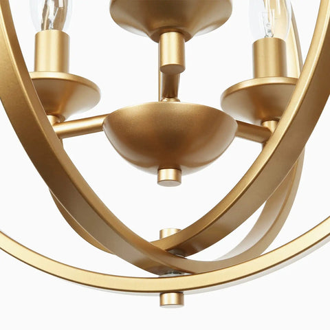 Close-up of Gold Orb Three Light Chandelier with Adjustable Ring Orbits Modern Globe Hanging Lights Fixture