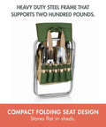 Garden Kneeler And Seat Folding Bench with Detachable Tote Organizer, olive green frame folded with garden tools inside.