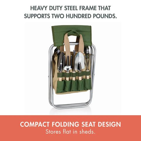 Garden Kneeler And Seat Folding Bench with Detachable Tote Organizer, olive green frame folded with garden tools inside.
