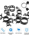130 Piece Hose Clamp Set With 16 Sizes 6 To 25 mm Swivel Jaw Pliers Constant Tension Radiator Clamps in black displayed