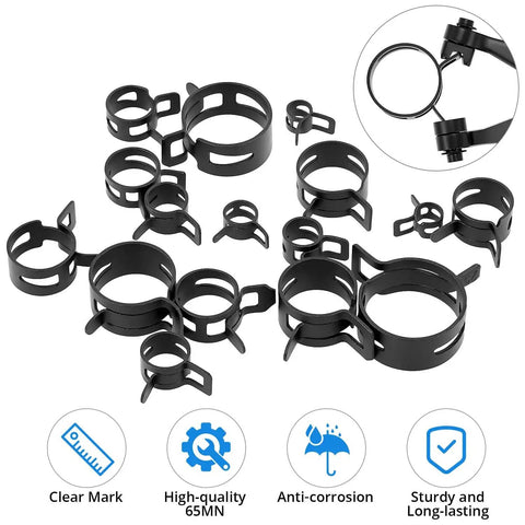 130 Piece Hose Clamp Set With 16 Sizes 6 To 25 mm Swivel Jaw Pliers Constant Tension Radiator Clamps in black displayed