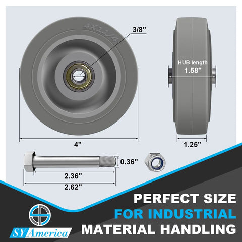 Heavy Duty 4 Inch Replacement Caster Wheels Set Of 4 Thermoplastic Rubber 1200 Lbs Capacity with precise dimensions and bolt details.