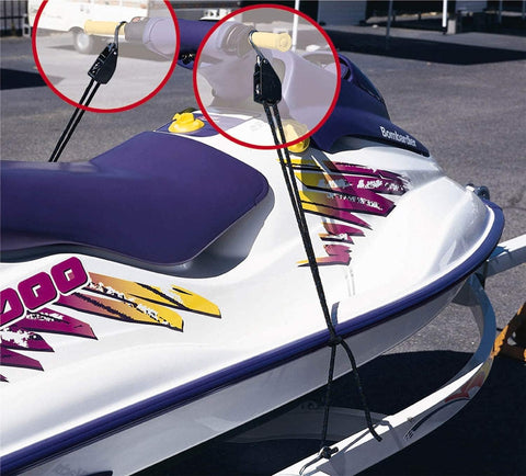 Jet ski secured with Beefed Up Heavy Duty Rope Hoist With Locking Pulley And Ratchet Adjustable Hanger For Grow Lights Canopies and Kayaks