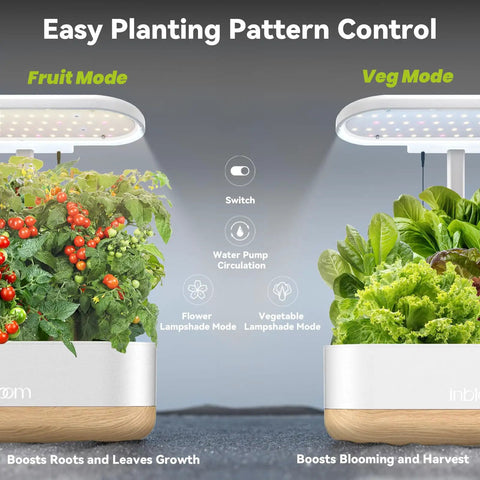 12 Pod Hydroponics Growing System For Indoor Herb Garden With Full Spectrum LED Grow Light Water Shortage Alarm Automatic Timer Height Adjustable Stand Easy Setup Great Gift For Women showing fruit and veg modes