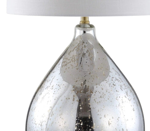 Close-up of Mercury Silver Glass Teardrop Table Lamp With White Linen Drum Shade for Living Room or Bedroom with brass accents.
