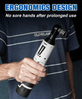 Person holding Cordless Three Eighths Inch Ratchet Wrench 12V 40 Ft Lbs High Torque With Dual 2.0Ah Batteries for repairs.