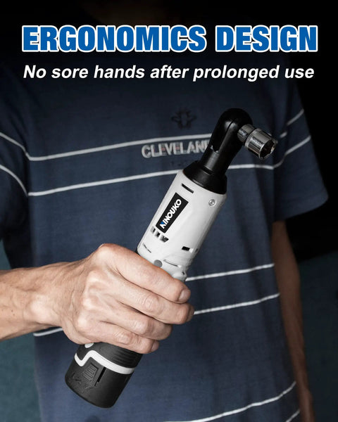 Person holding Cordless Three Eighths Inch Ratchet Wrench 12V 40 Ft Lbs High Torque With Dual 2.0Ah Batteries for repairs.