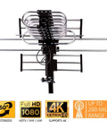 Outdoor Amplified HDTV Antenna Up To 200 Mile Range With 360 Degree Rotation, supports 5 TVs, shown with installation kit and pole