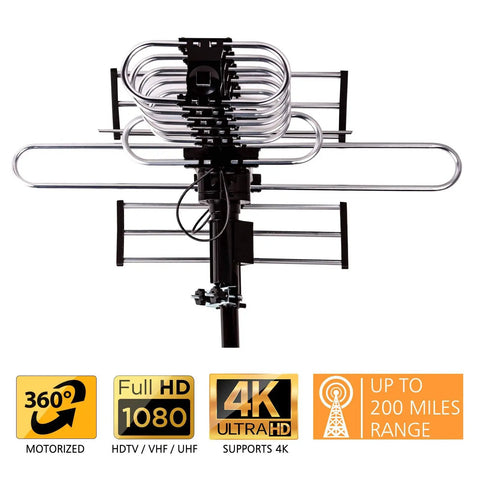 Outdoor Amplified HDTV Antenna Up To 200 Mile Range With 360 Degree Rotation, supports 5 TVs, shown with installation kit and pole