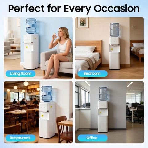 Hot And Cold Water Cooler Dispenser For 5 Gallon Bottle With Top Loading Design in living room, bedroom, restaurant, office