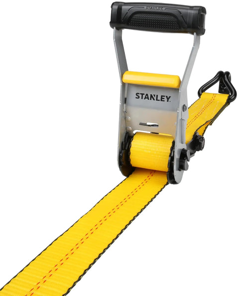 Heavy Duty Ratchet Strap 2 X 27 Feet Featuring A Tough As Nails 10000 Pound Rating shown in yellow webbing with ratchet mechanism.