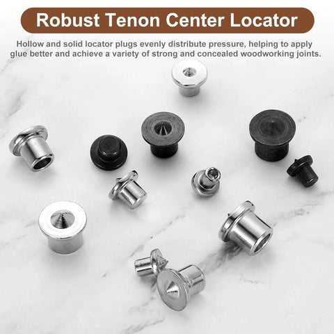 10 Pack Hollow Dowels and Tenon Center Transfer Plugs Three Eighth Inch Dowel Centering Pins Drilling Hole Tool for Woodworking Pro Grade Handy Durable 304 Stainless Steel Black scattered on a surface.