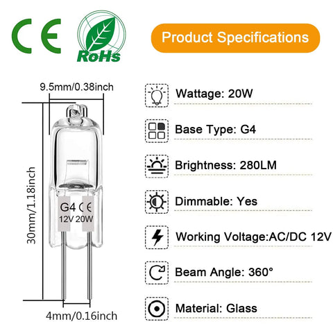 Diagram of G4 Halogen Bulb 20W 12V Dimmable Pack Of 12 For Under Cabinet Puck Lights Chandeliers And Track Lighting Warm White 2700K