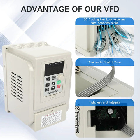 High Power 4KW VFD Inverter Frequency Converter for Motor Speed Control, detailed view showing cooling fan and control panel