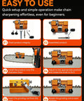 Klampero Chainsaw Sharpener Manual with hand-crank, clamp-on design, shown with components, installation steps, and use instructions.