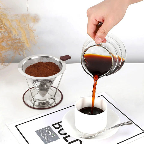 Hand pouring coffee into cup with Pour Over Coffee Dripper With Stainless Steel Filter Reusable Paperless Cone Dripper in background