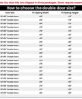 Table showing sizes and fitting details for Rock Solid Double Sliding Barn Door 30 By 84 Inches White Primed Mdf And Pvc.