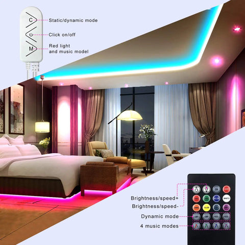 50ft RGB LED Strip Lights With Music Sync And Bluetooth App Control in living room and bedroom setup