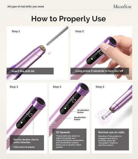 How to properly use the Compact Cordless Nail Drill With 30000 Rpm Motor Pen Shape Handle for nail care steps.